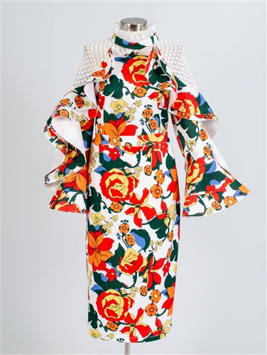 Eyelet Trim Ruffle Sleeve Floral Print Dress